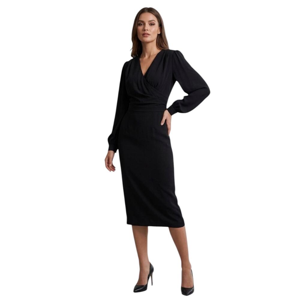 BGL Chic Professional Black V-Neck Midi Sheath Dress Long Sleeve Size 10 NWT
